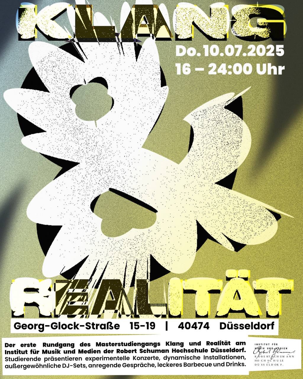 Ankündigungsflyer für den Rundgang des Masterstudiengangs Klang und Realität am Institut für Musik und Medien der Robert Schumann Hochschule Düsseldorf am 10. Juli 2025.